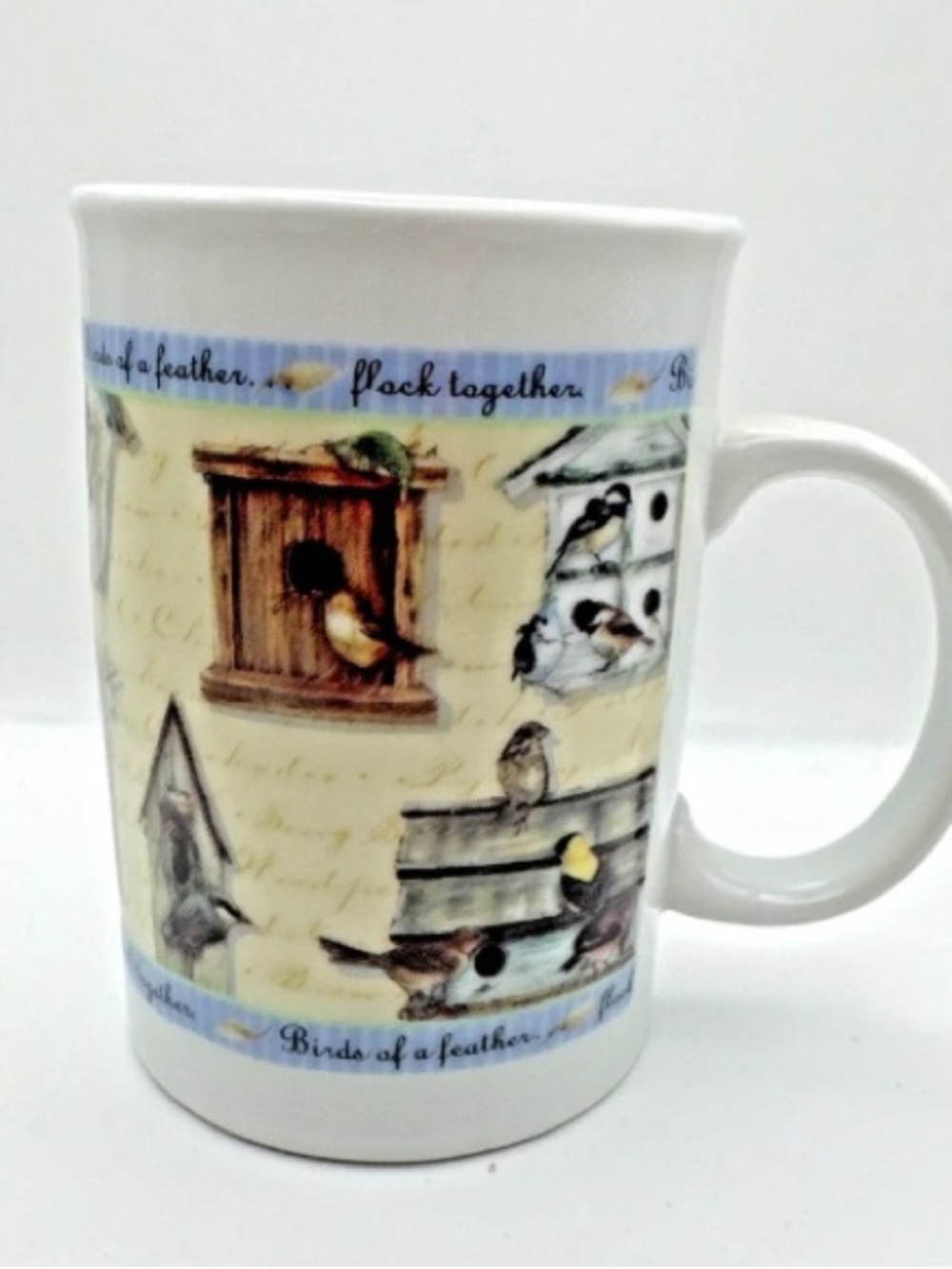 Birds of a Feather Flock Together Coffee Mug with Images of Birds and Birdhouses